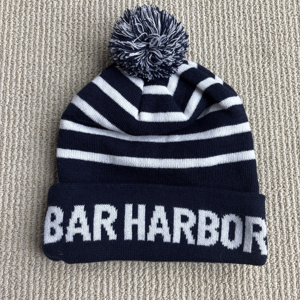 Bar Harbor Maine Acrylic Pom striped Beanie Hat Cap Knit